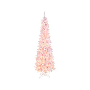 Costway 2.1M Pink Pre-Lit Christmas Tree Slim Xmas Tree Holiday Decor 300 LEDs