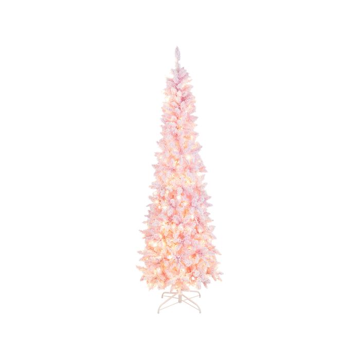 Costway 2.1M Pink Pre-Lit Christmas Tree Slim Xmas Tree Holiday Decor 300 LEDs