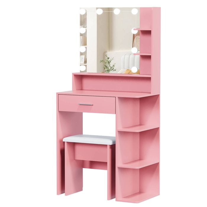 Advwin Dressing Table Set with LED Light, Drawer and Open Shelves, Pink