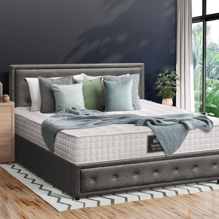 Oikiture Bed Frame Gas Lift With Mattress Set Grey- Double