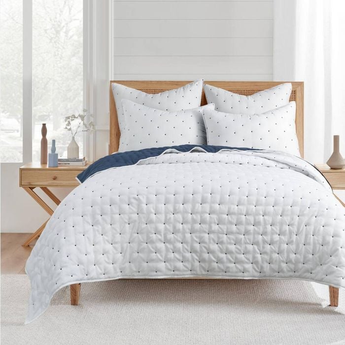 Swiss Blue Dots Coverlet Set Super King, Front/Back: 100% cotton, Prewashed. Filling 250GSM Cotton - White/Blue