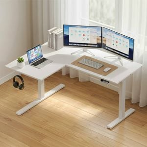HOMFURN L-Shaped Electric Standing Desk – 140cm Adjustable Height Corner Desk with Dual Motor Memory Control, White
