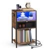Ufurniture Side Table with LED Light and Power Outlet Metal Mesh Drawer and Open Shelves Industrial Brown