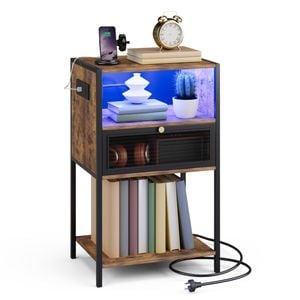 Ufurniture Side Table with LED Light and Power Outlet Metal Mesh Drawer and Open Shelves Industrial Brown