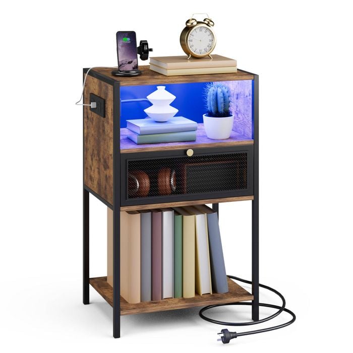 Ufurniture Side Table with LED Light and Power Outlet Metal Mesh Drawer and Open Shelves Industrial Brown