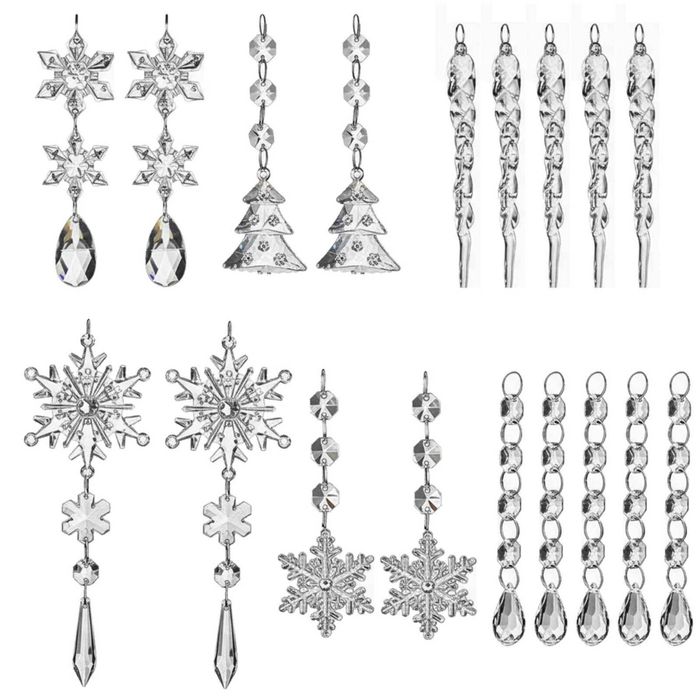 P&P Crystal Acrylic Christmas Tree Icicle Snowflake Ornaments Set 18pc Holiday Decoration