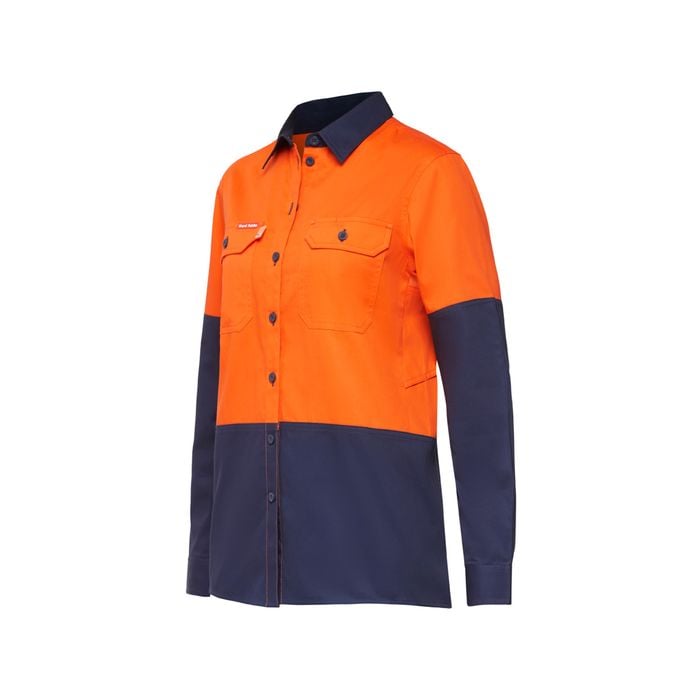 Hard Yakka Women's Orange/Navy Koolgear Hi-Vis Vented Shirt - Size 8