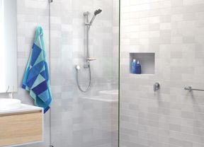 Flexispray rail shower head in a modern bathroom, example of how to upgrade your shower head without renovating
