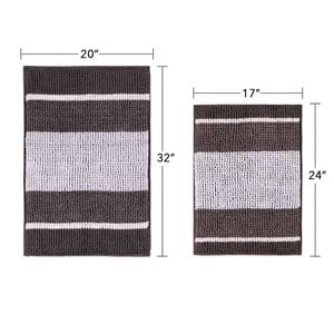 Smarcute 2 Pieces (50x81cm & 43x61cm) Striped Plush Chenille Bath Mat Bathroom Kitchen Rugs Chocolate And White