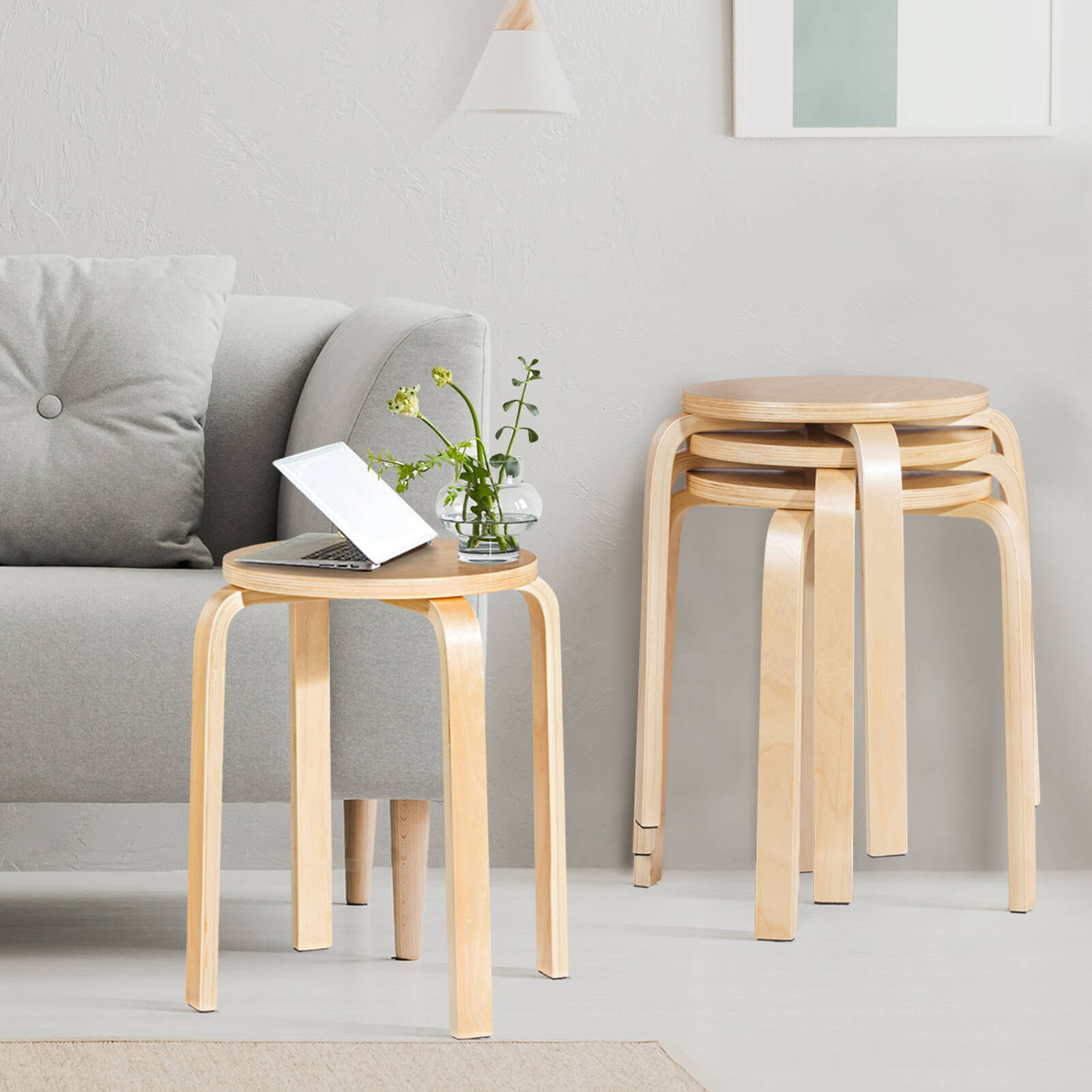 Costway 4 PCs Stacking Stools Round Dining Chair Birch Wood Bunnings Australia