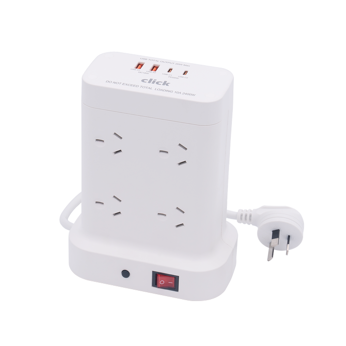Click 8 Outlet Tower Power Board With PD20W USB Charger