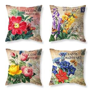 Catzon 4 Pcs Vintage Floral Pillow Covers Cotton Linen Pillowcases for Couch-B