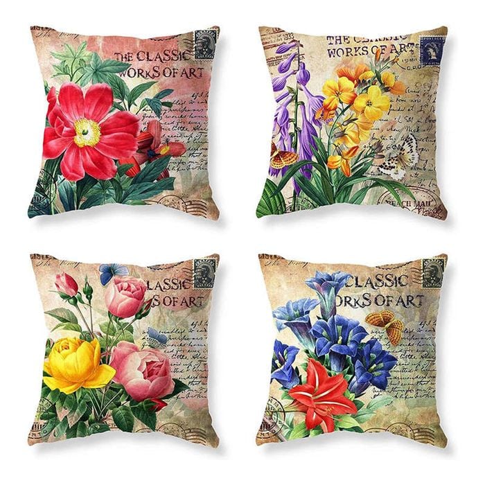 Catzon 4 Pcs Vintage Floral Pillow Covers Cotton Linen Pillowcases for Couch-B
