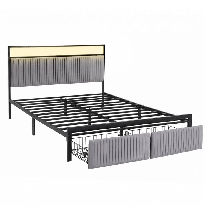 Artiss Metal Bed Frame Queen Size Led Charging Station 2 Drawers