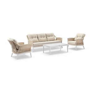 Hugo 3+1+1 Seater Outdoor Aluminium/Rope Lounge Set White With Coffee Table & Cream Rope/Cream Cushions
