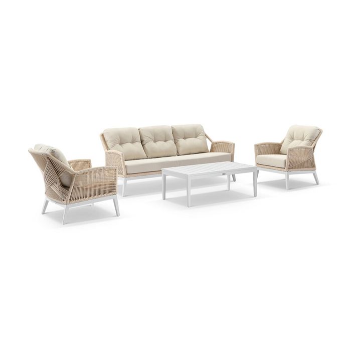 Hugo 3+1+1 Seater Outdoor Aluminium/Rope Lounge Set White With Coffee Table & Cream Rope/Cream Cushions