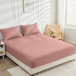 LINENOVA Bamboo 40cm Deep Pocket Bed Sheets Soft Fitted Sheet - Double，Dusty pink