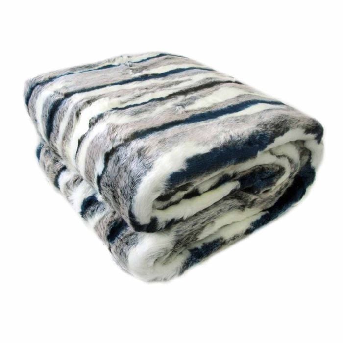 Riley Modern Pattern Faux Fur Throw Rug 127 x 152 cm Navy Cream Striped
