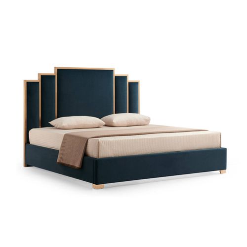 Bed Frame Velvet Fabric Upholstery Stainless Steel Feet in King Blue