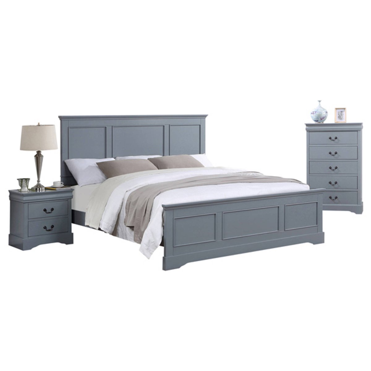 4 Pieces Bedroom Suite in Solid Wood & MDF King Size Grey Colour Bed