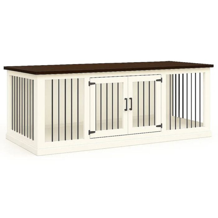 Paws and Willow Open Plan Arctic White with Espresso Top Wooden Dog Crate Hinged Door with Bars