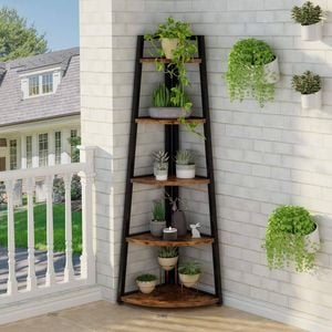 OAKORY 178cm Corner Shelf 5 Tier Storage Rack Bookcase Plant Stand Brown