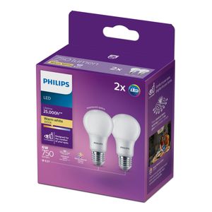 Philips A60 E27 LED 750Lm Warm White 6W Globe - 2 Pack