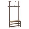 Costway Bamboo Coat Rack PE Rattan Shoe Bench 3In1 2Rod 11Hook Shelves-Brown
