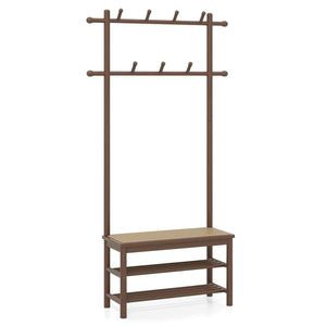 Costway Bamboo Coat Rack PE Rattan Shoe Bench 3In1 2Rod 11Hook Shelves-Brown