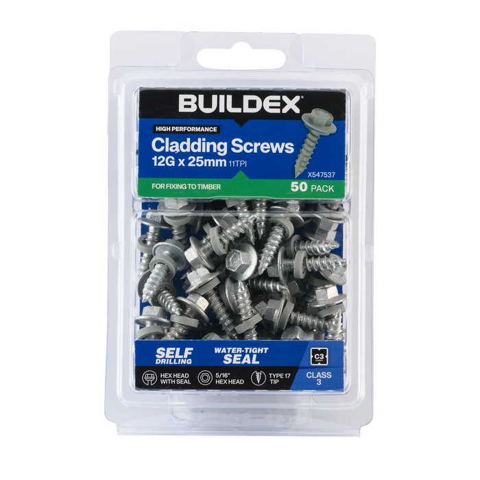 Buildex 12G x 25mm Class 3 Cladding Screws with Seal - 50 Pack