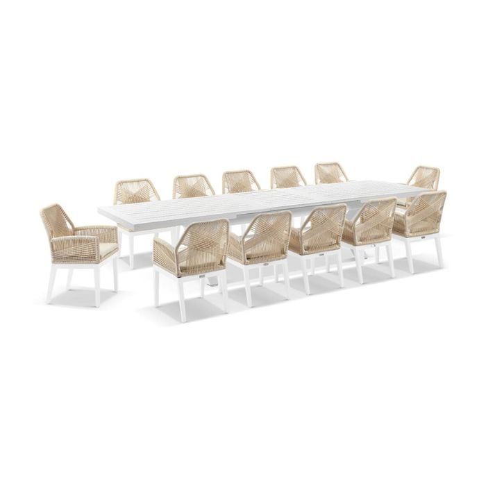 Austin 3m - 3.8m Extension Table 12 Hugo Dining Chairs White & Cream Cushions