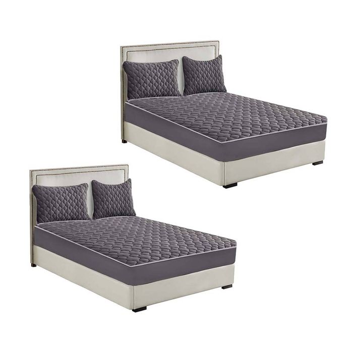 SOGA 2 Pack Grey Queen Clover Quilted Fleece Mattress Cover Sets with 4 Pillowcases