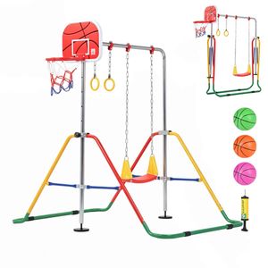 Advwin Kids Gymnastics Bar, Foldable Training Bar with Basketball Hoop & Swing and Rings