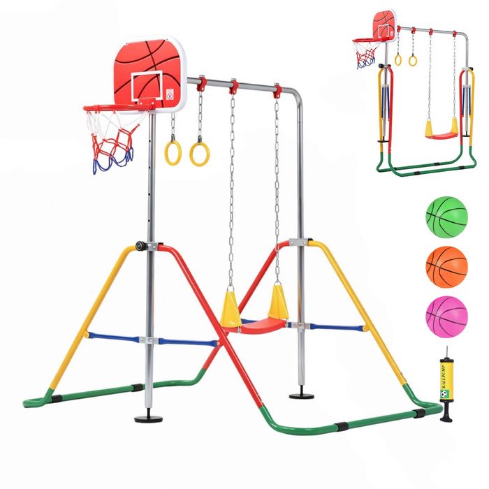 Advwin Kids Gymnastics Bar, Foldable Training Bar with Basketball Hoop & Swing and Rings