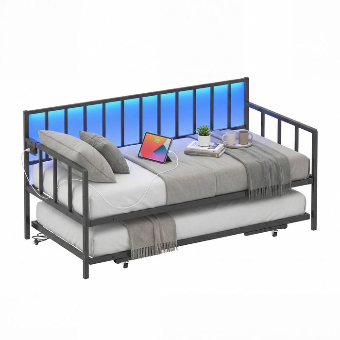 Advwin Daybed with Trundle Bed, Single Sofa Bed Frame with Charging Station and LED Light, Metal Black