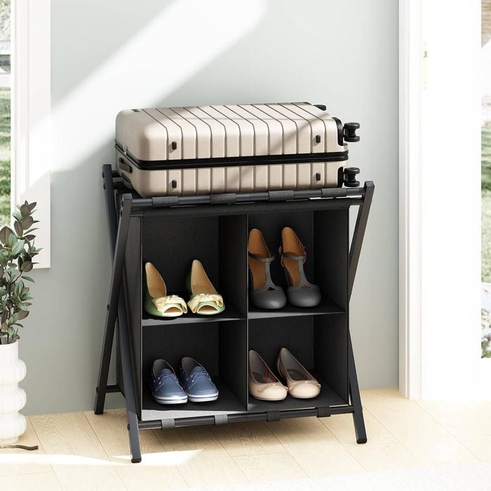 HOMFURN Luggage Rack with storage, Folding Suitcase Stands, Space Saving Suitcase Holders for Guest Room, Bedroom Hotel