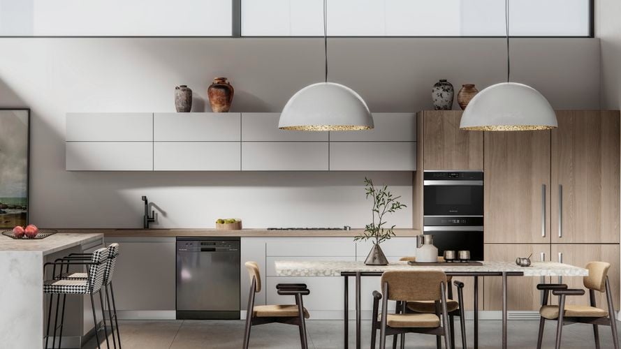 Timber and pale cabinetry kitchen with Steam Microwave Convection Oven, Black Stainless Steel Freestanding/built in Dishwasher, Fully Integrated Fridge Freezer and Multifunction Oven 