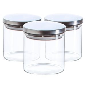 Argon Tableware Glass Storage Jar - Silver Lid - 550ml - Modern Round Scandi Organisation Container Glass Jar - Set Of 3