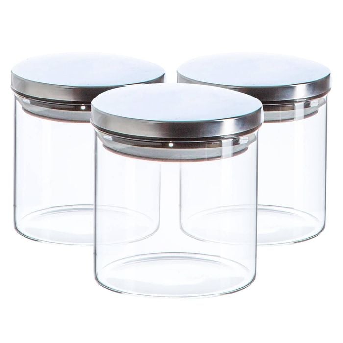 Argon Tableware Glass Storage Jar - Silver Lid - 550ml - Modern Round Scandi Organisation Container Glass Jar - Set Of 3