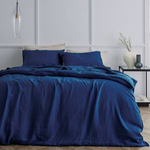Bedding Co. Quilt Cover Set 100% French Flax Linen Navy Blue King