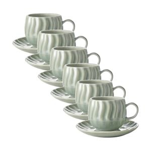 6x 2pc Ecology Ritual Rippled Porcelain Cup & Saucer Willow Green 230ml