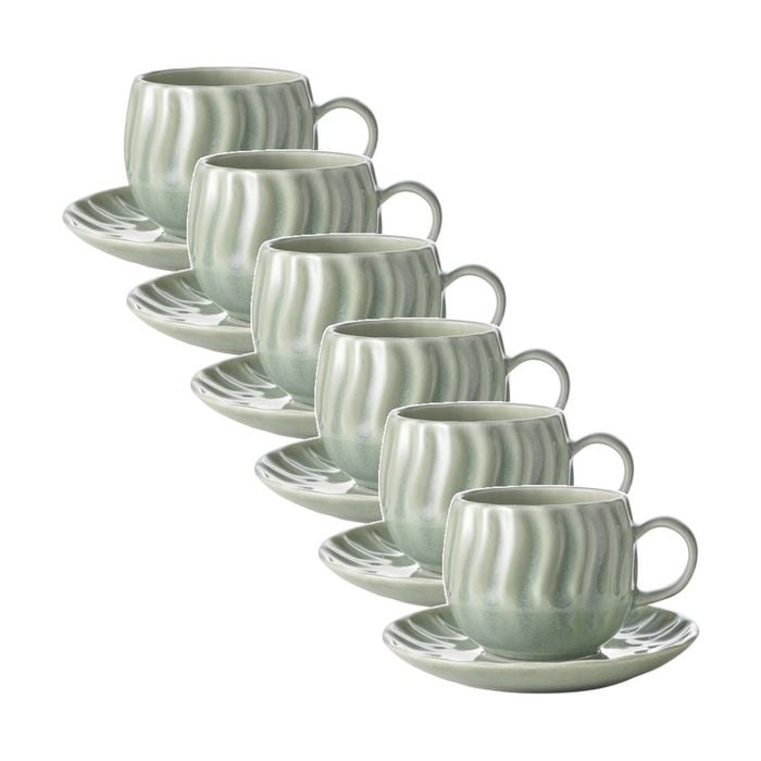 6x 2pc Ecology Ritual Rippled Porcelain Cup & Saucer Willow Green 230ml