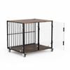 P&P Black And Transparent Glass Dog Crate With Wood-Grain Top And Lockable Wheels