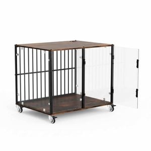 P&P Black And Transparent Glass Dog Crate With Wood-Grain Top And Lockable Wheels