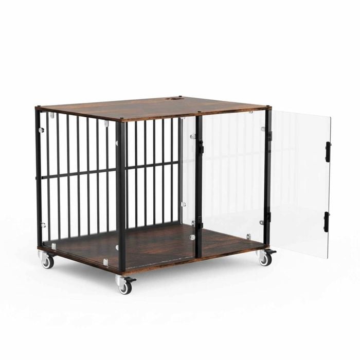 P&P Black And Transparent Glass Dog Crate With Wood-Grain Top And Lockable Wheels