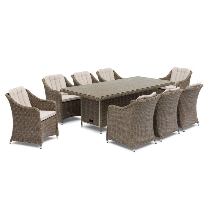 FurnitureOkay Liverpool 9-Piece Wicker Outdoor Dining Setting (Rectangle) - Beige Cushion