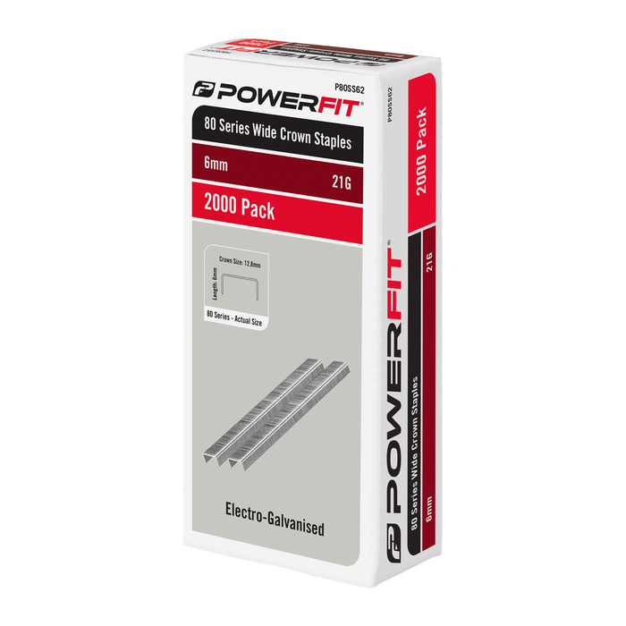 PowerFit 6mm 80 Series Electro-Galvanised Wide Crown Staples - 2000 Pack