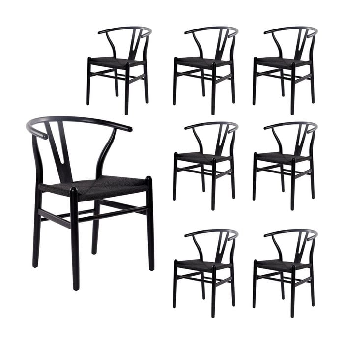 Ark Wishbone 8pc Set Dining Chair Replica Hans Wenger Beech Timber Wood Black