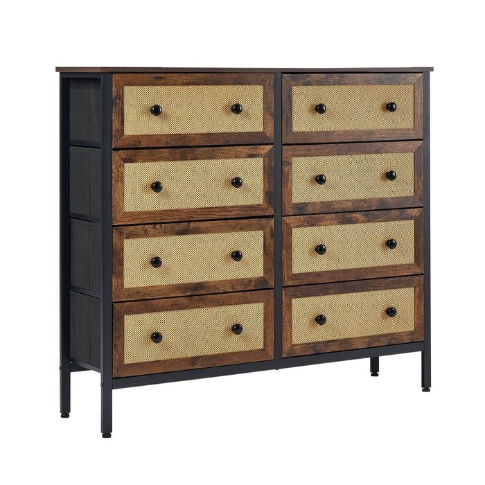 Oikiture Fabric 8 Chest of Drawers Storage Cabinet Rattan Dresser Tallboy