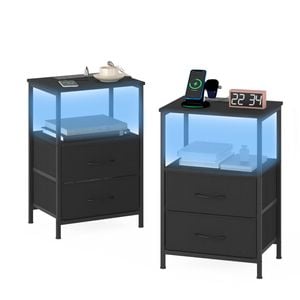 Advwin LED Bedside Table Set of 2 with Charging Station 2 Fabric Drawers Nightstand Black Drawer & Black Top